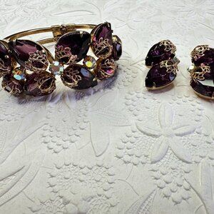 Gorgeous Vintage Juliana Purple and Gold Filigree Clamper Bracelet & Earring Set